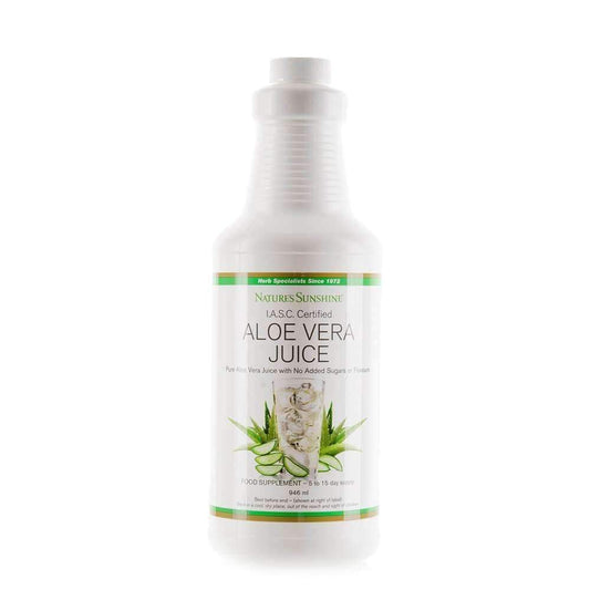 Bottle of Natures Sunshine Aloe Vera Juice, daily supplement for digestive support