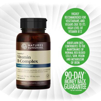 Bottle of Nature's Sunshine Vitamin B Complex - key bullet points