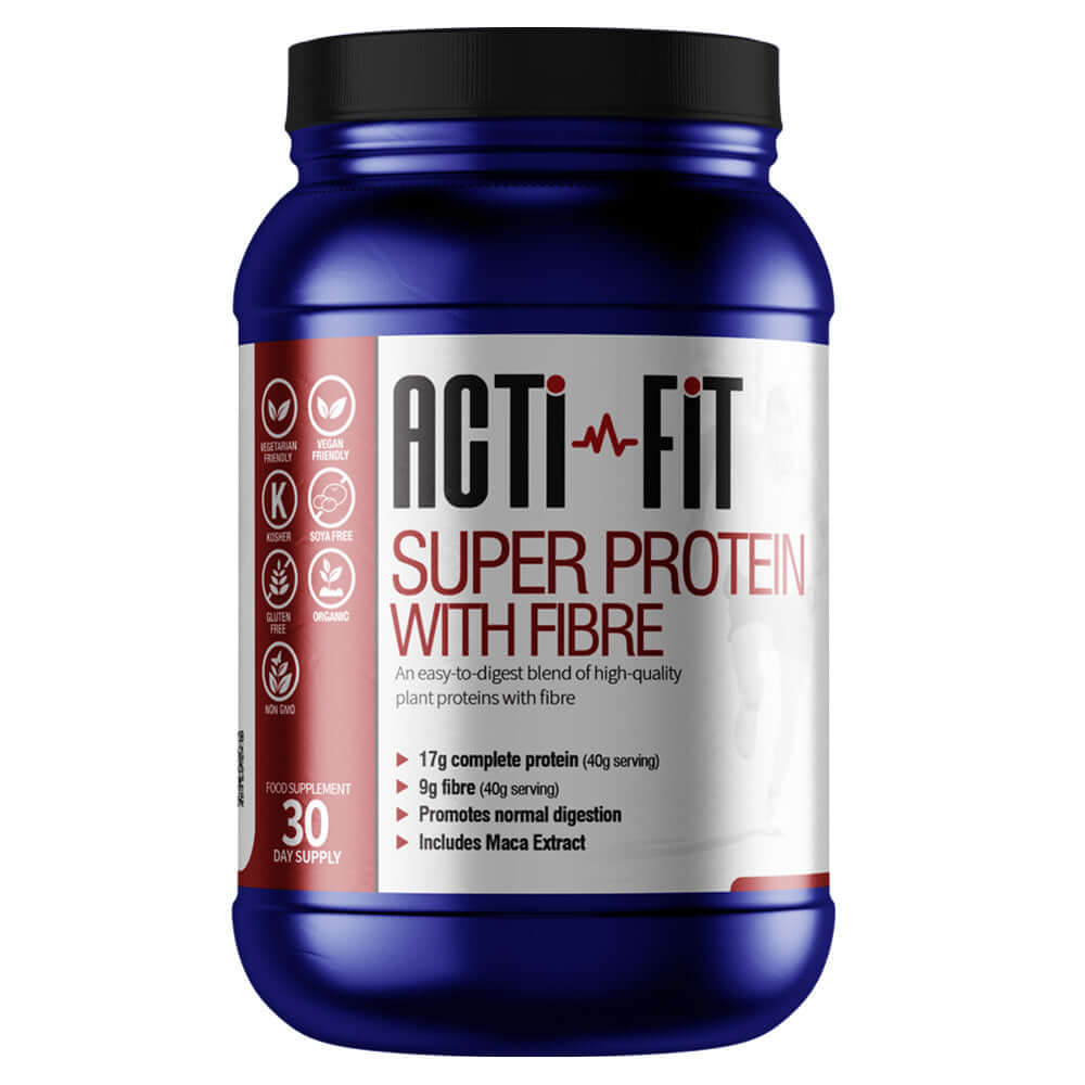 Blue container of Acti-Fit Super Protein with Fibre supplement, providing 17g protein and 9g fiber per serving, 30-day supply, vegan and gluten-free.