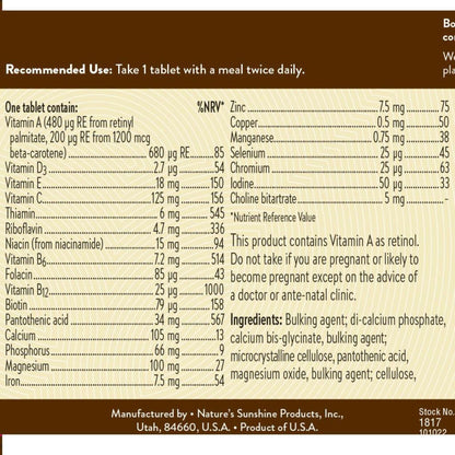 Super Supplemental Vitamins and Minerals label information b