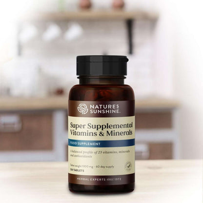 Super Supplemental Vitamins and Minerals on a kitchen counter