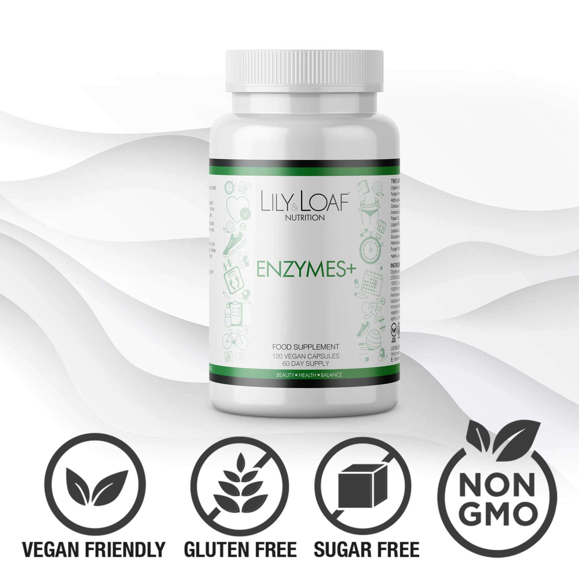 Enzymes +  vegan, gluten free sugar free non gmo