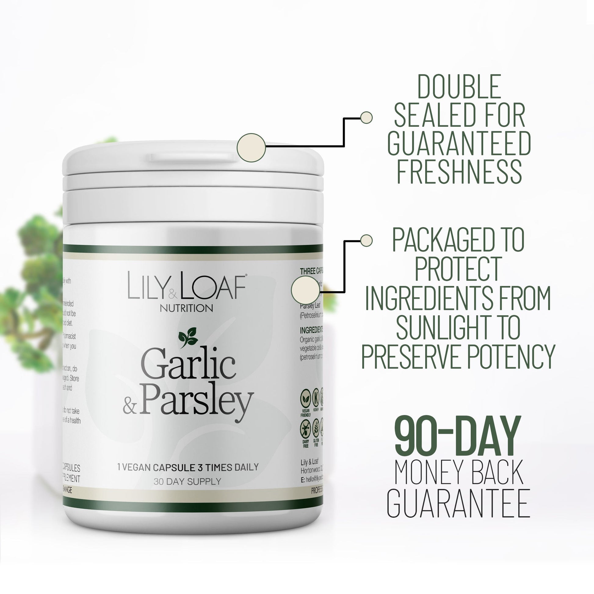 Garlic & Parsley front promoting history of fighting infections