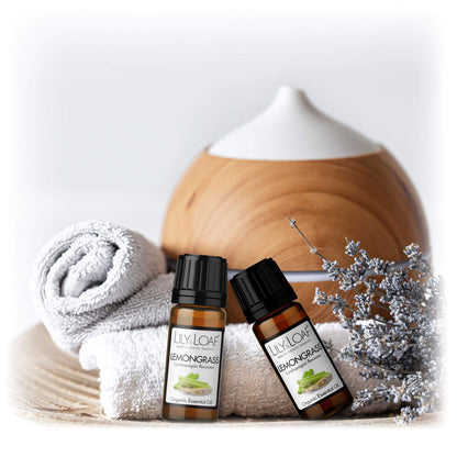 Organic Lemongrass Essential Oil with towel and diffuser