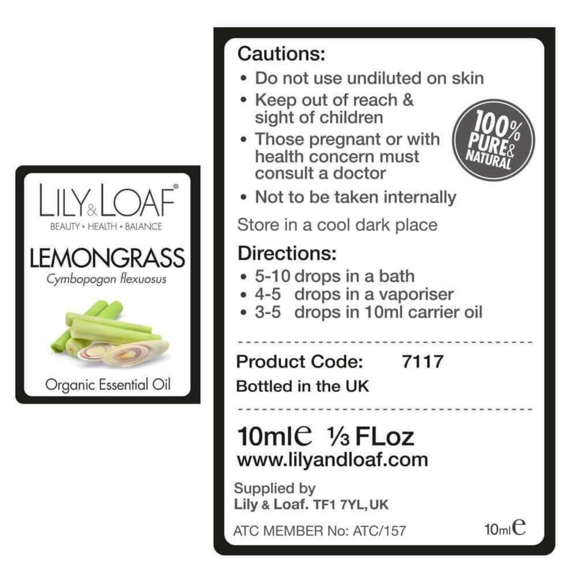 Lemongrass 10ml Organic Essential Oil label information