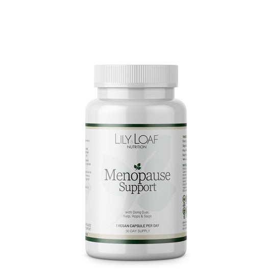 Lily & Loaf Menopause Support supplement in a white bottle, herbal blend for hormonal balance.