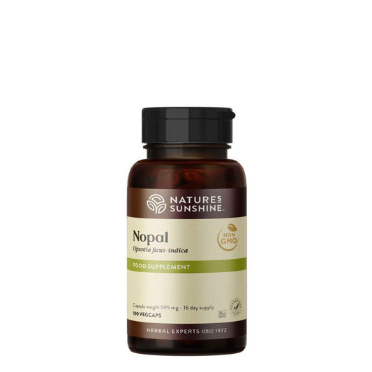 Dark amber bottle of Nature's Sunshine Nopal supplement, containing 100 non-GMO vegcaps for a 16-day supply, derived from Opuntia ficus-indica.