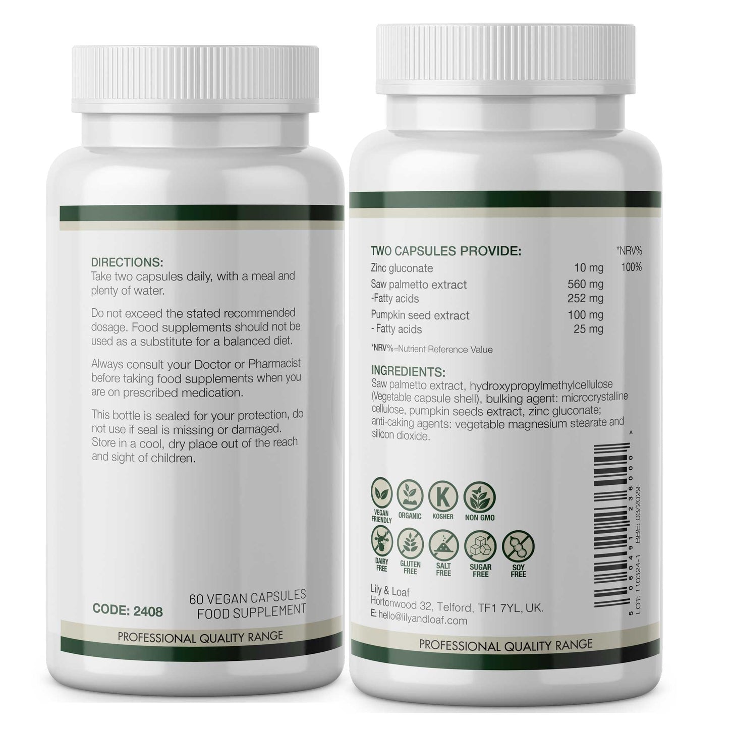 The image is of two bottles of Lily & Loaf's Organic Prostate Support dietary supplement showing the front and back labels. The back label provides detailed product information.