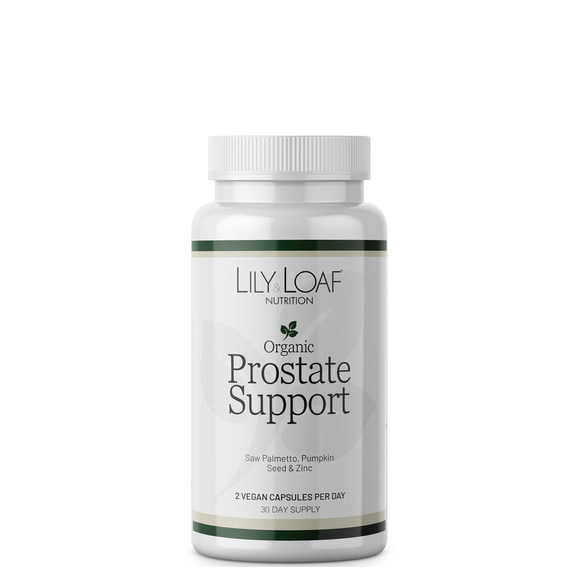 Lily & Loaf Organic Prostate Support supplement, natural formula in white bottle.