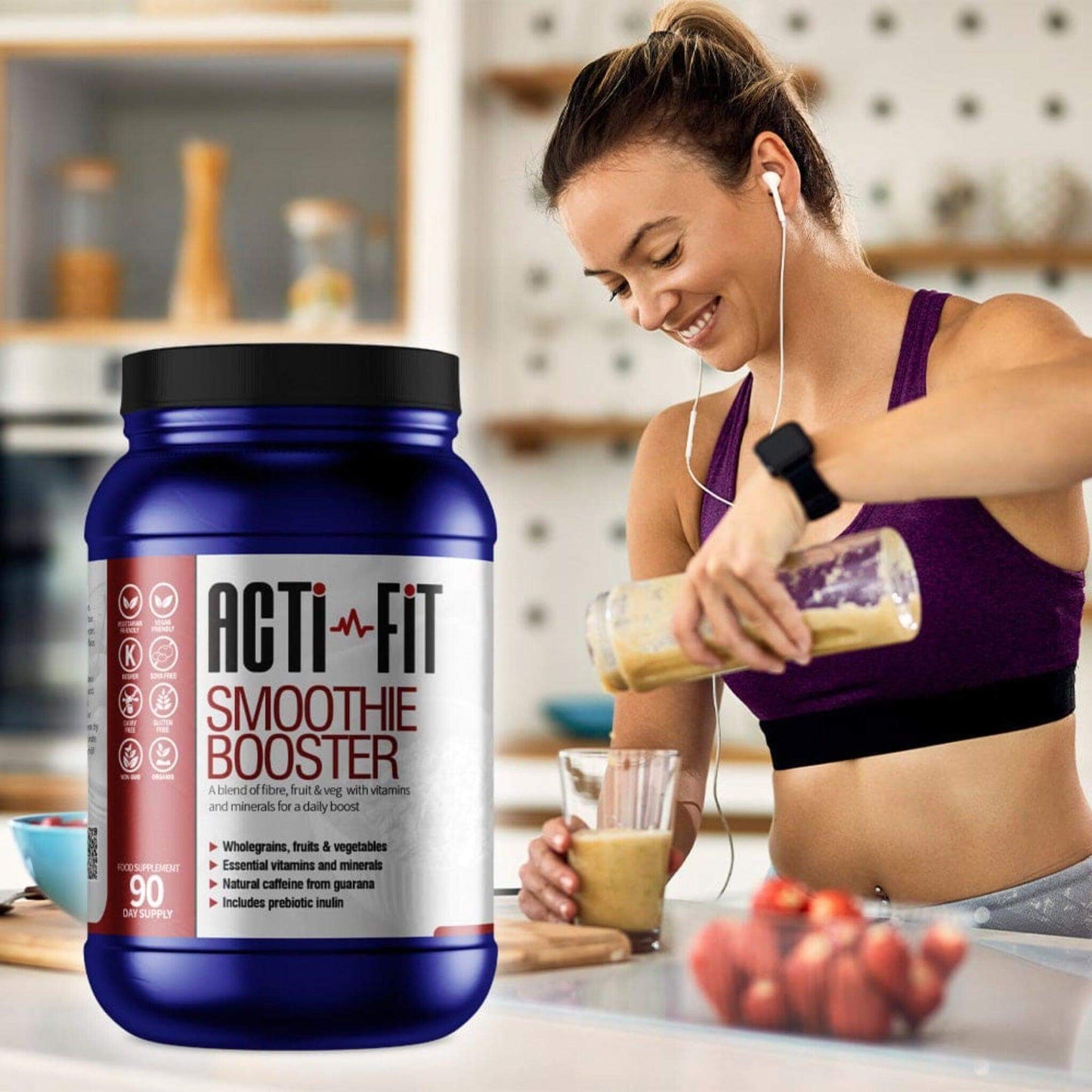 Blue container of Acti-Fit Smoothie Booster supplement, providing a blend of wholegrains, fruits, vegetables, vitamins, minerals, and prebiotic inulin, 30-day supply.