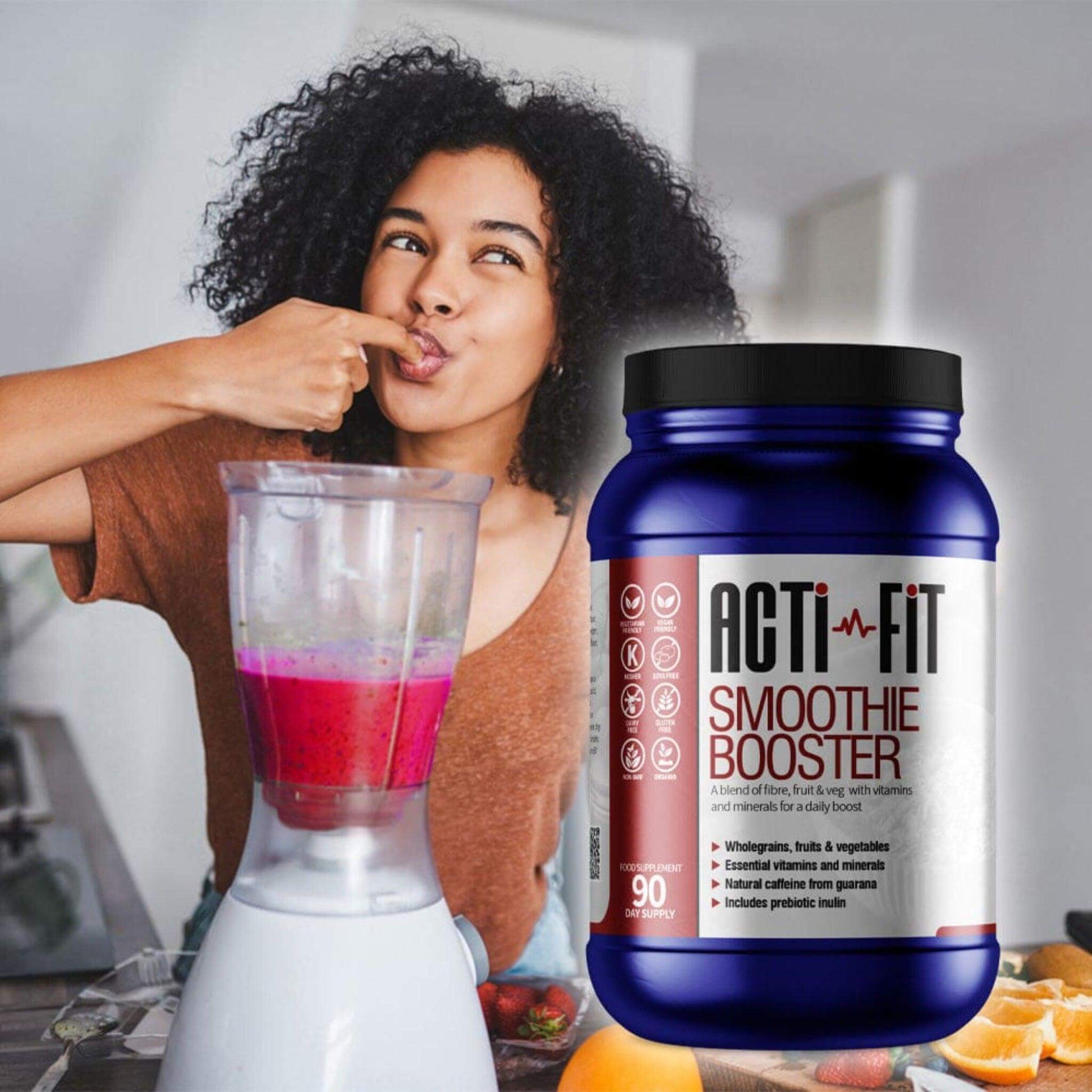 Blue container of Acti-Fit Smoothie Booster supplement, providing a blend of wholegrains, fruits, vegetables, vitamins, minerals, and prebiotic inulin, 30-day supply.