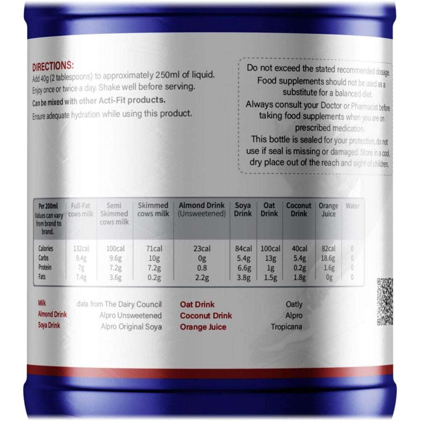 Blue container of Acti-Fit Super Protein with Fibre supplement, providing 17g protein and 9g fiber per serving, 30-day supply, vegan and gluten-free.