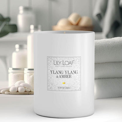 Ylang Ylang & Amber Soy Wax Candle in bathroom