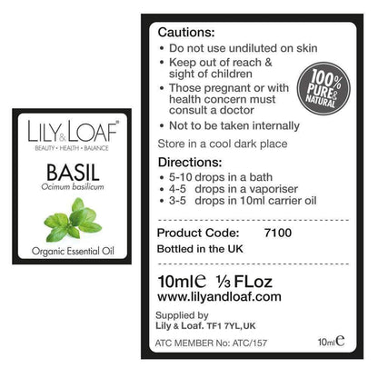 Ingredients Label for Basil Organic Essential Oil, 10ml, 