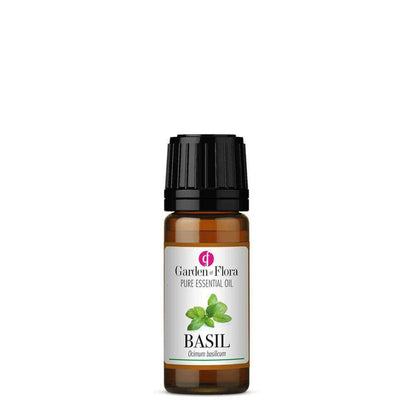 Glass Amber Bottle of Garden of Flora Basil Pure Essential Oil 10ml , Spicy Aroma, Invigorates mind, body and soul